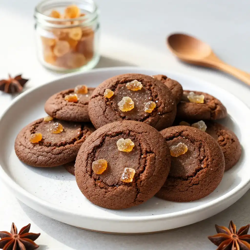 Ginger Molasses Cookies with Crystallized Ginger plated dish
