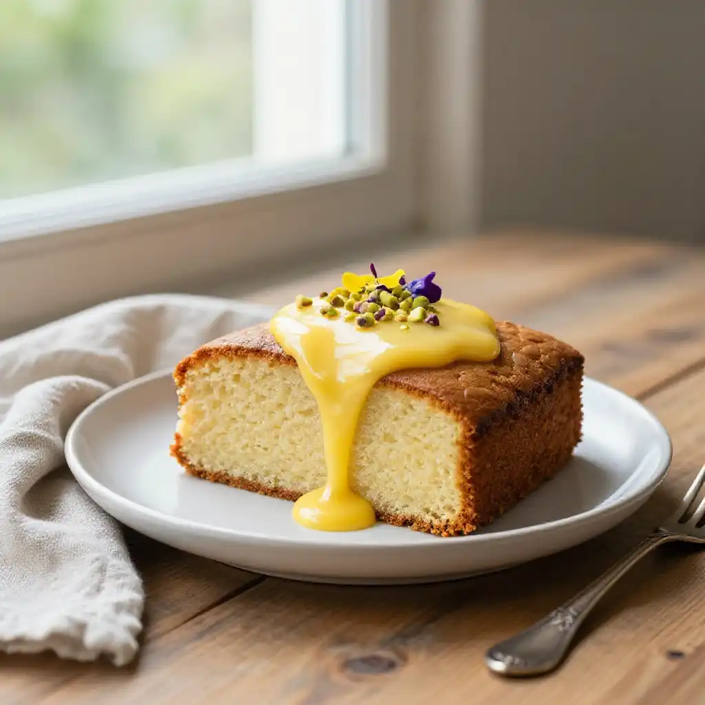 Gluten-Free Almond Flour Cake with Lemon Curd plated dish