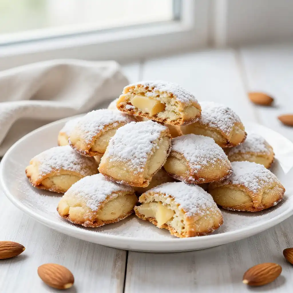 Greek Kourabiedes Almond Shortbread with Powdered Sugar plated dish