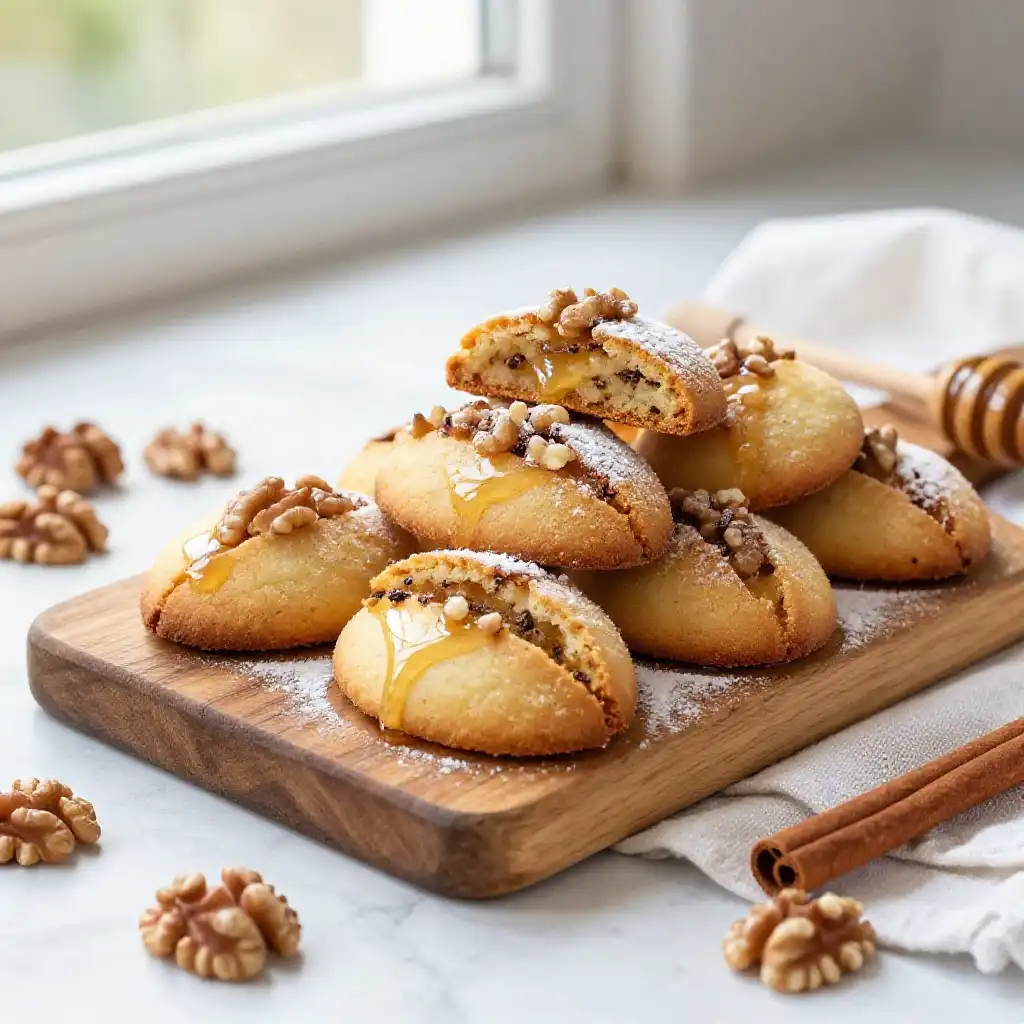 Greek Melomakarona Honey Cookies with Walnuts plated dish