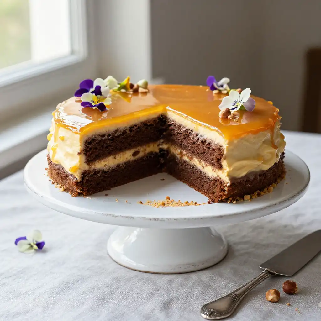 Hungarian Dobos Torte with Caramel Buttercream and Chocolate Layers plated dish