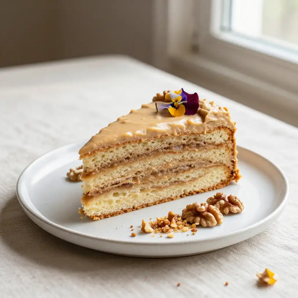 Hungarian Esterházy Torte with Walnut Buttercream plated dish