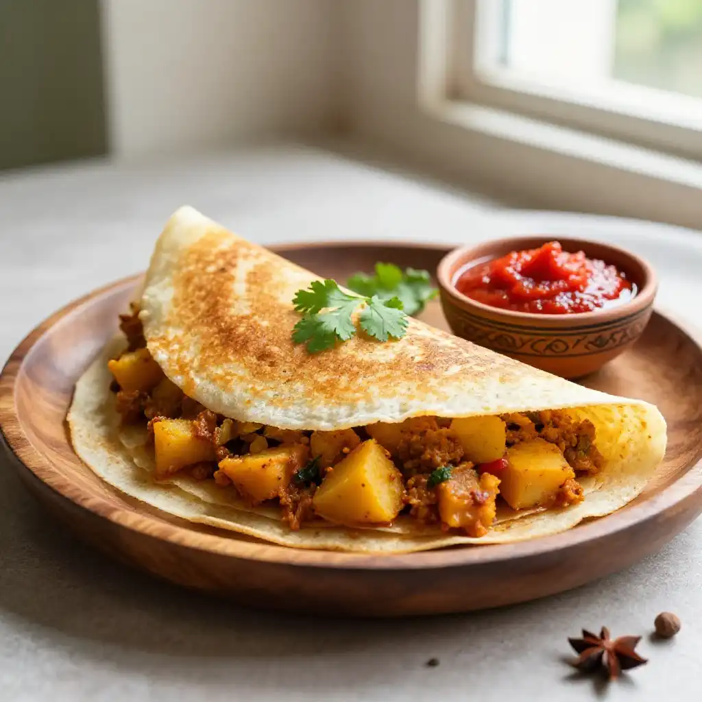 Indian Dosa with Potato Masala Filling plated dish