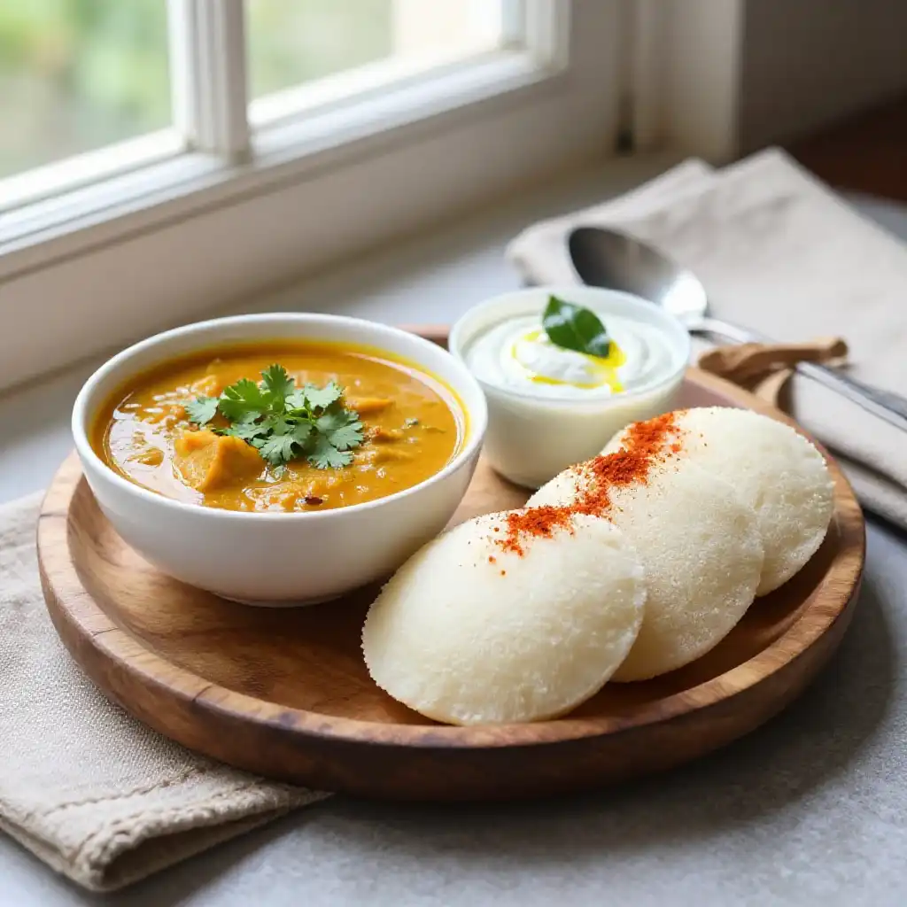 Indian Idli Sambar with Coconut Chutney plated dish