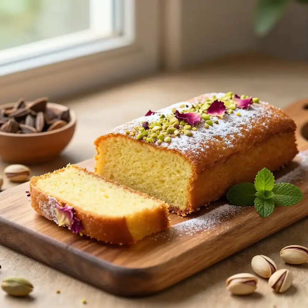 Indian Mawa Cake with Cardamom and Pistachios plated dish