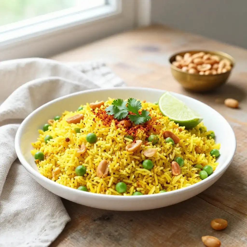 Indian Poha Flattened Rice with Peanuts plated dish