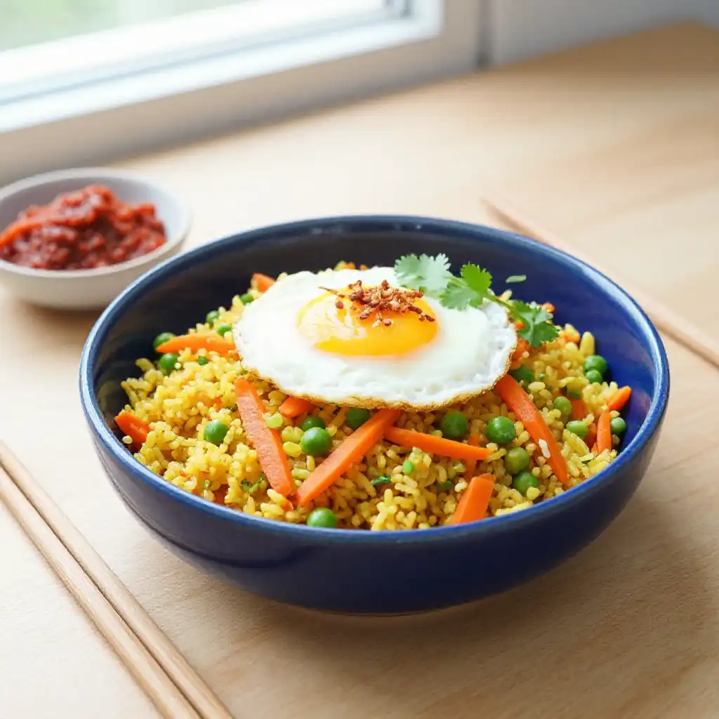 Indonesian Nasi Goreng Fried Rice Breakfast plated dish