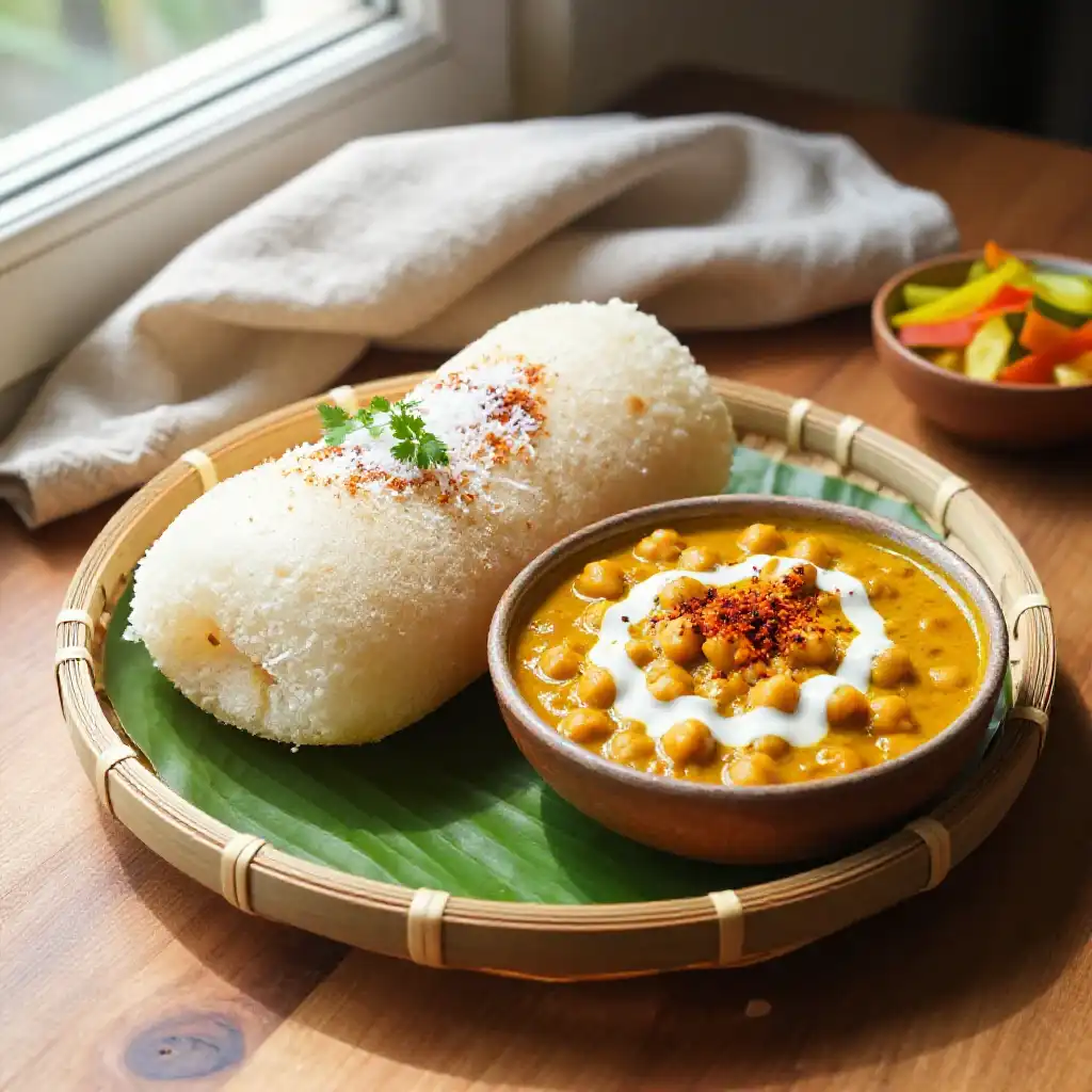 Kerala Puttu with Chickpea Curry plated dish