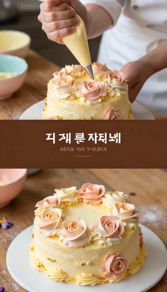 Korean Bento Cake with Pastel Buttercream Roses and Gold Leaf Accents