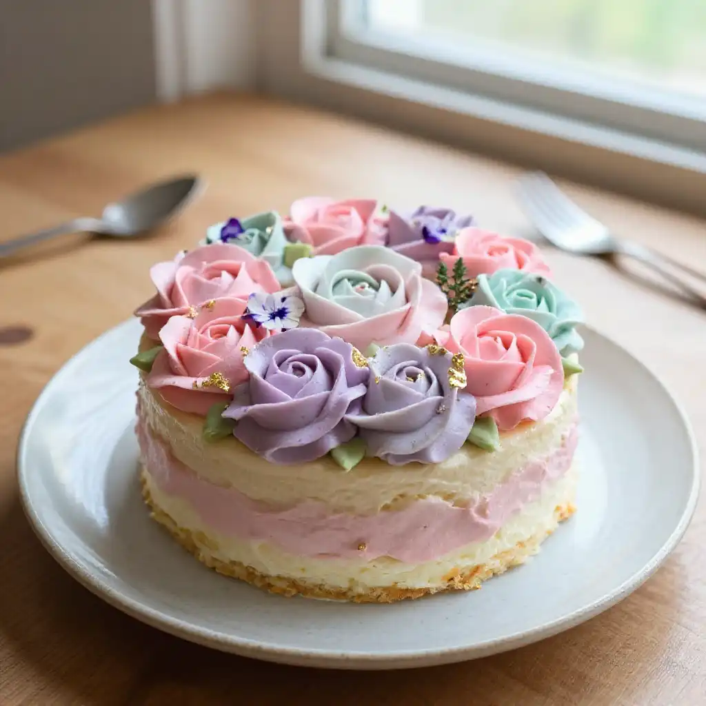 Korean Bento Cake with Pastel Buttercream Roses and Gold Leaf Accents plated dish