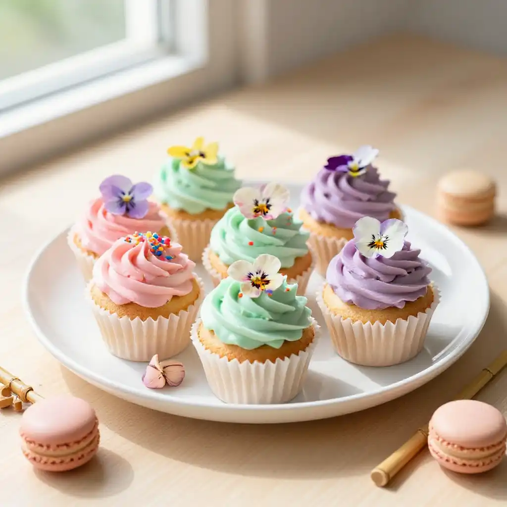 Korean Bento Style Mini Cupcakes with Pastel Frosting plated dish