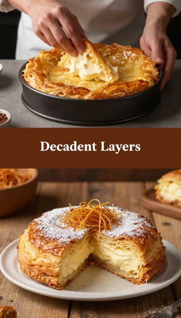Kunafa Croissant Cake with Layered Phyllo and Cream Cheese Filling