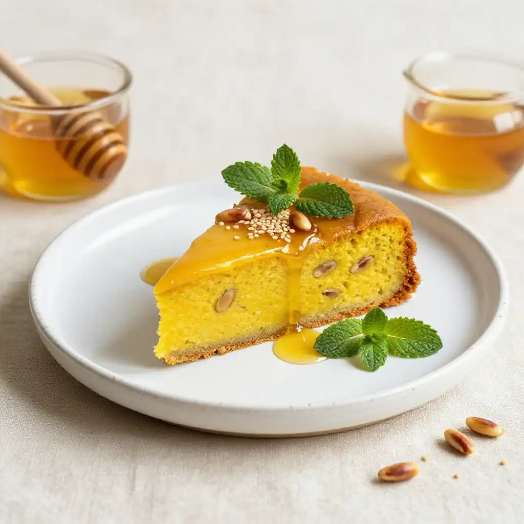 Lebanese Sfouf Turmeric Cake with Pine Nuts plated dish