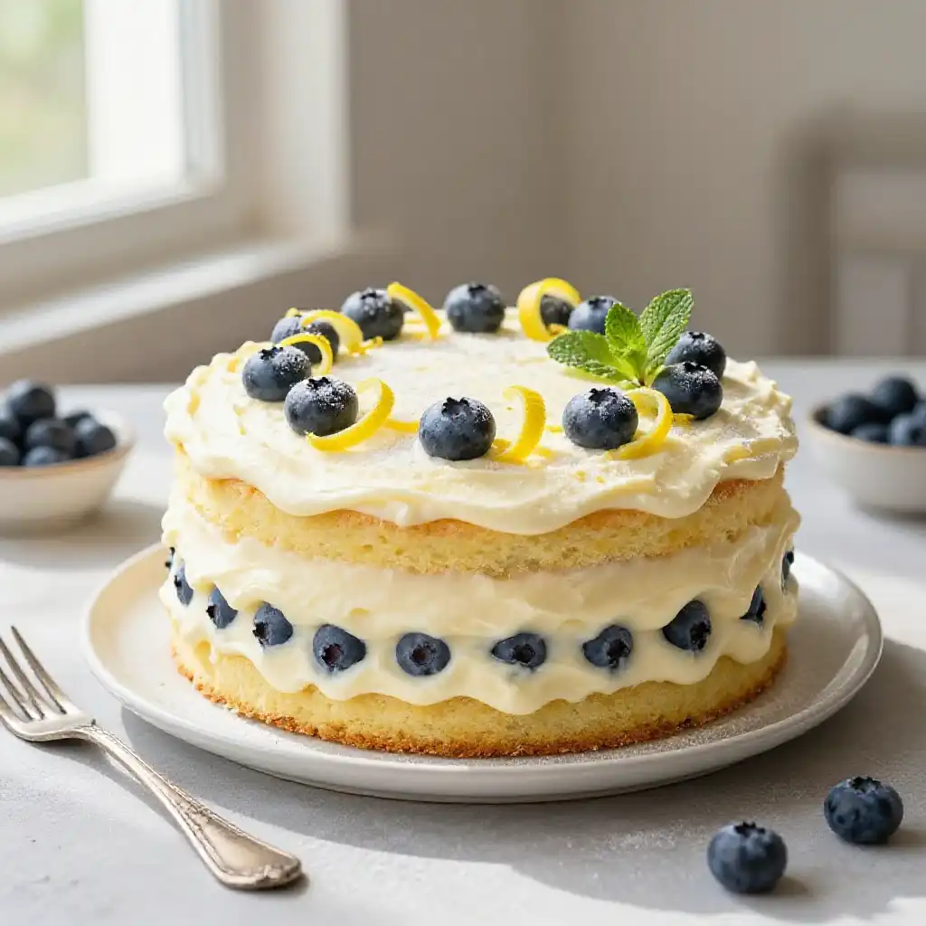 Lemon Blueberry Cake with Cream Cheese Frosting plated dish