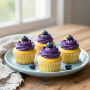 Homemade Lemon Cupcakes with Fluffy Blueberry Frosting
