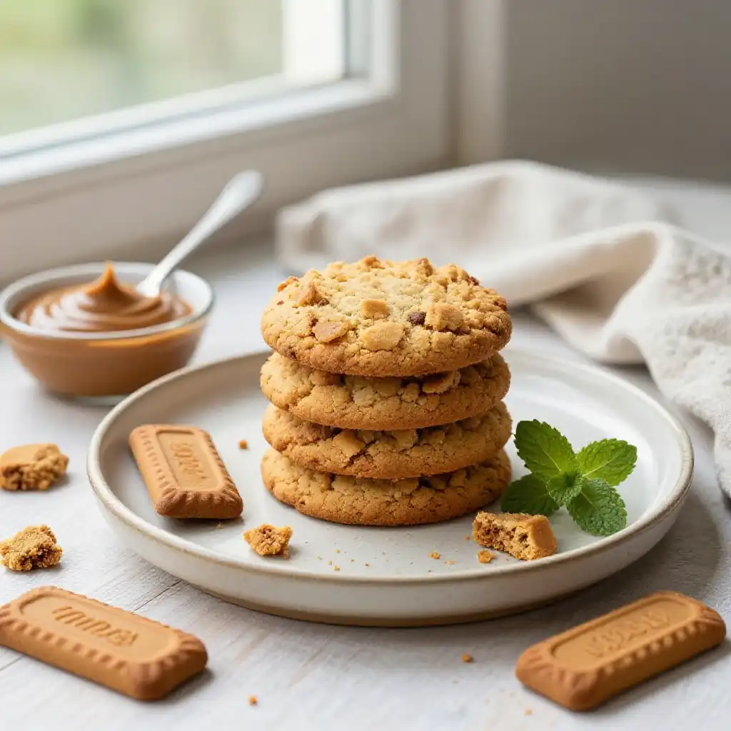 Lotus Biscoff Crumble Cookies with Speculoos plated dish