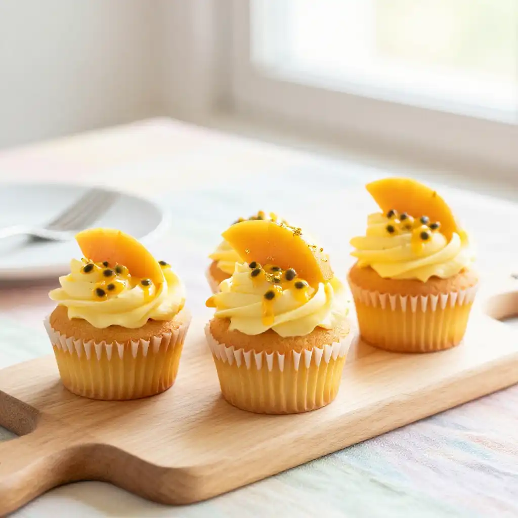 Mango Cupcakes with Passion Fruit Frosting plated dish