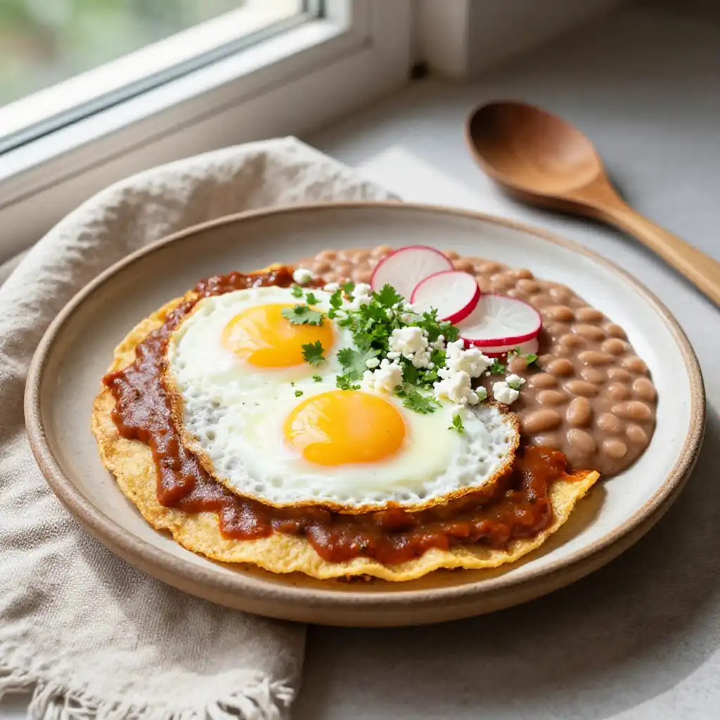 Mexican Huevos Rancheros with Refried Beans plated dish