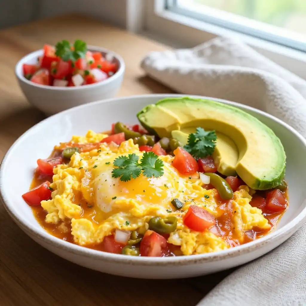 Mexican Huevos a la Mexicana with Pico de Gallo plated dish