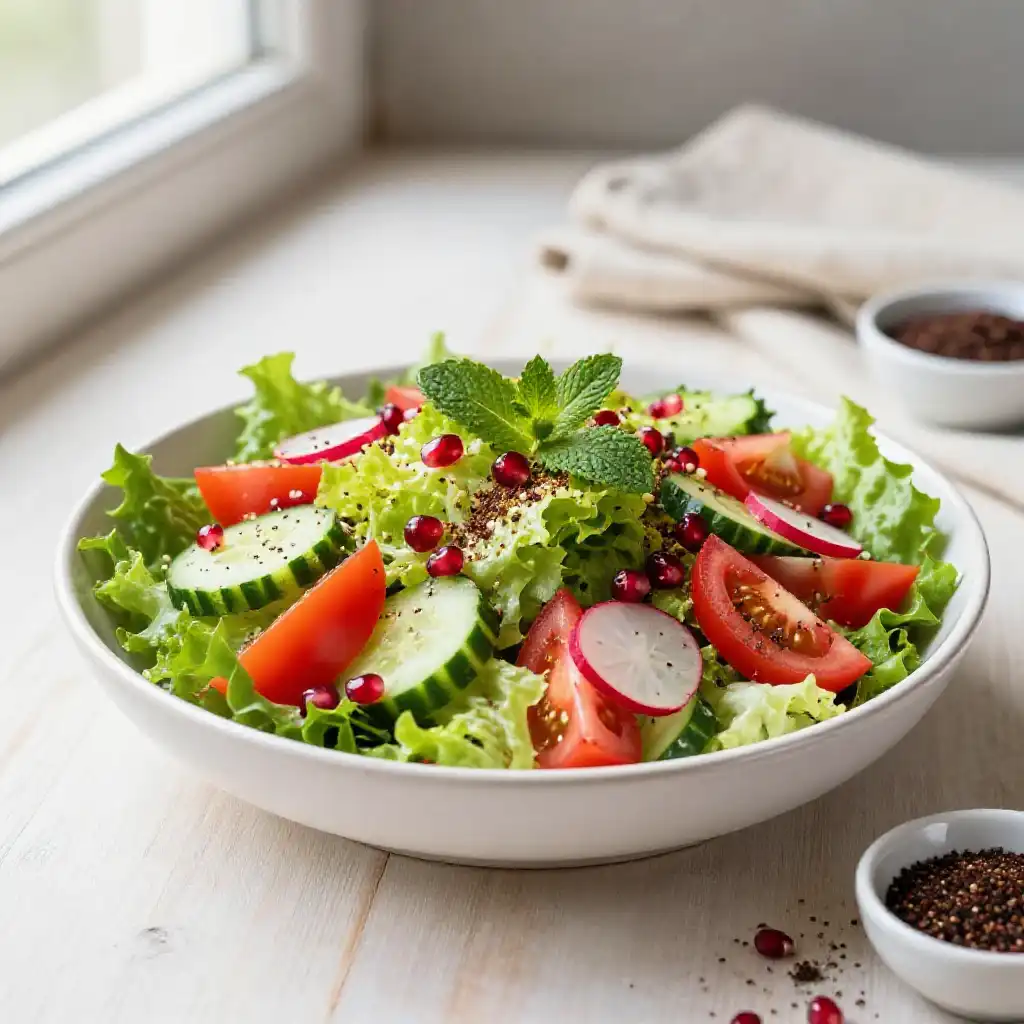 Middle Eastern Fattoush Salad with Sumac plated dish