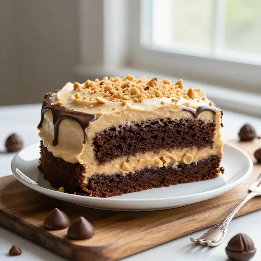 Midwest Buckeye Cake with Peanut Butter and Chocolate plated dish