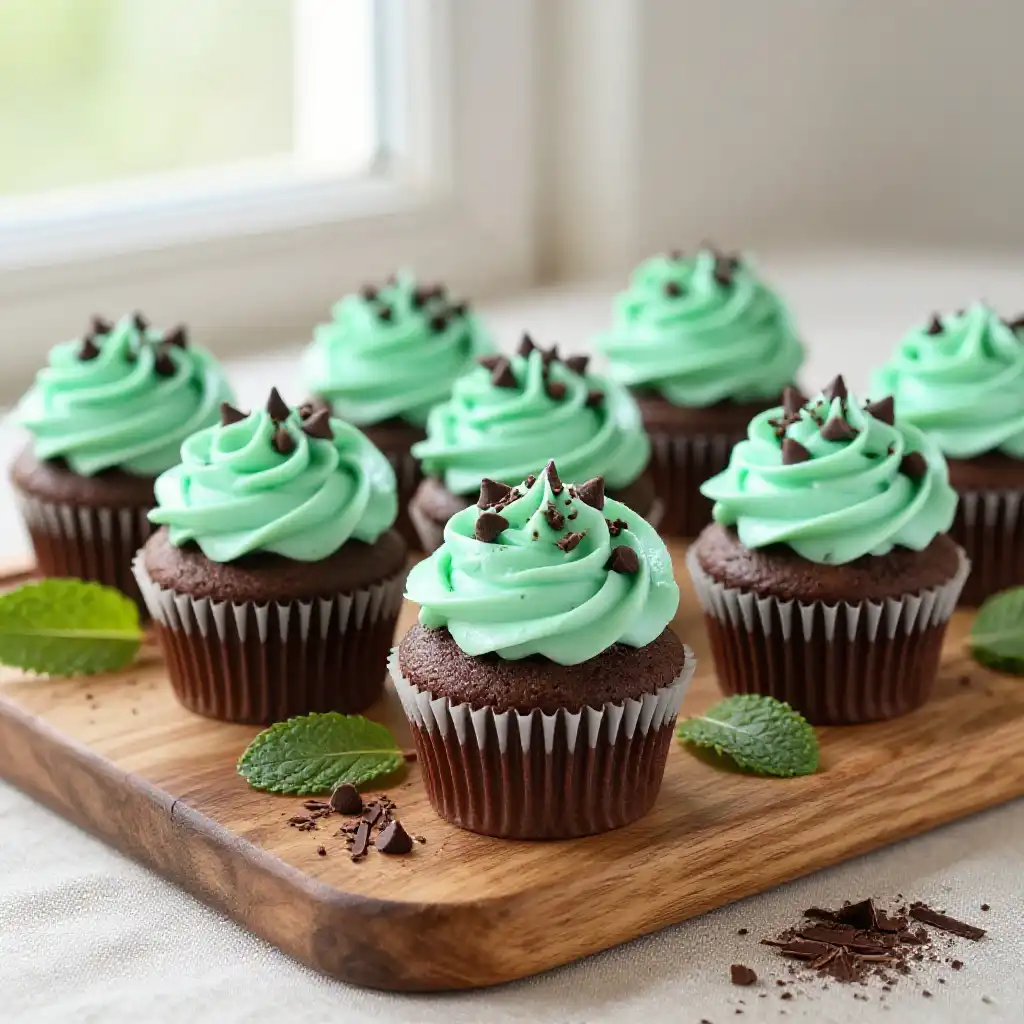 Mint Chocolate Cupcakes with Chocolate Chips plated dish