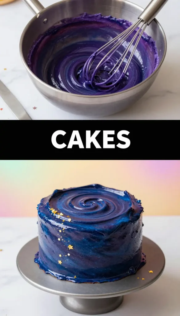 Mirror Glaze Galaxy Cake with Swirled Purple and Blue Icing