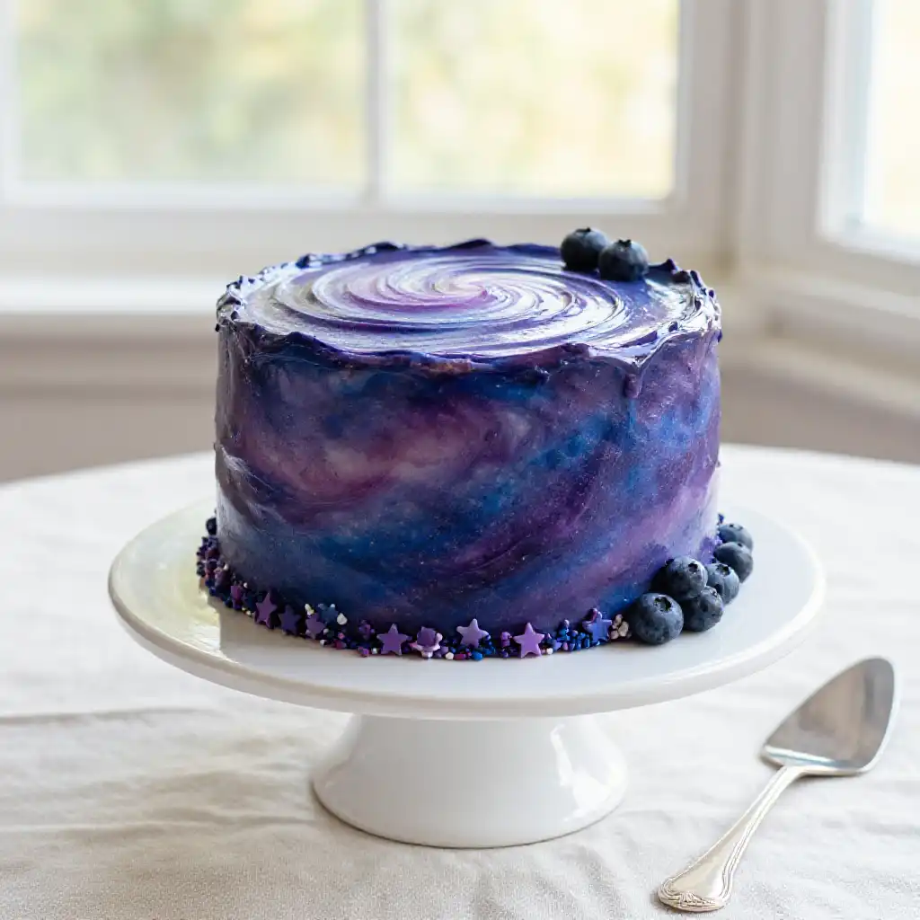 Mirror Glaze Galaxy Cake with Swirled Purple and Blue Icing plated dish