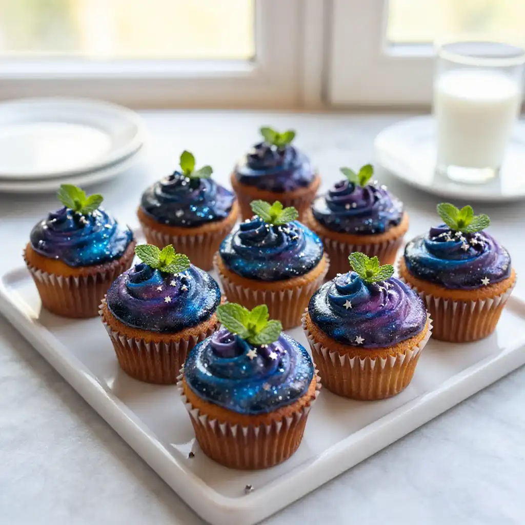 Mirror Glazed Mini Cupcakes with Galaxy Swirls plated dish