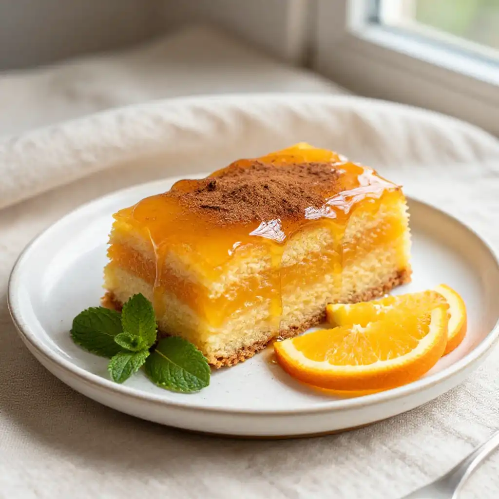 Moroccan Orange Cake with Honey Syrup and Cinnamon plated dish