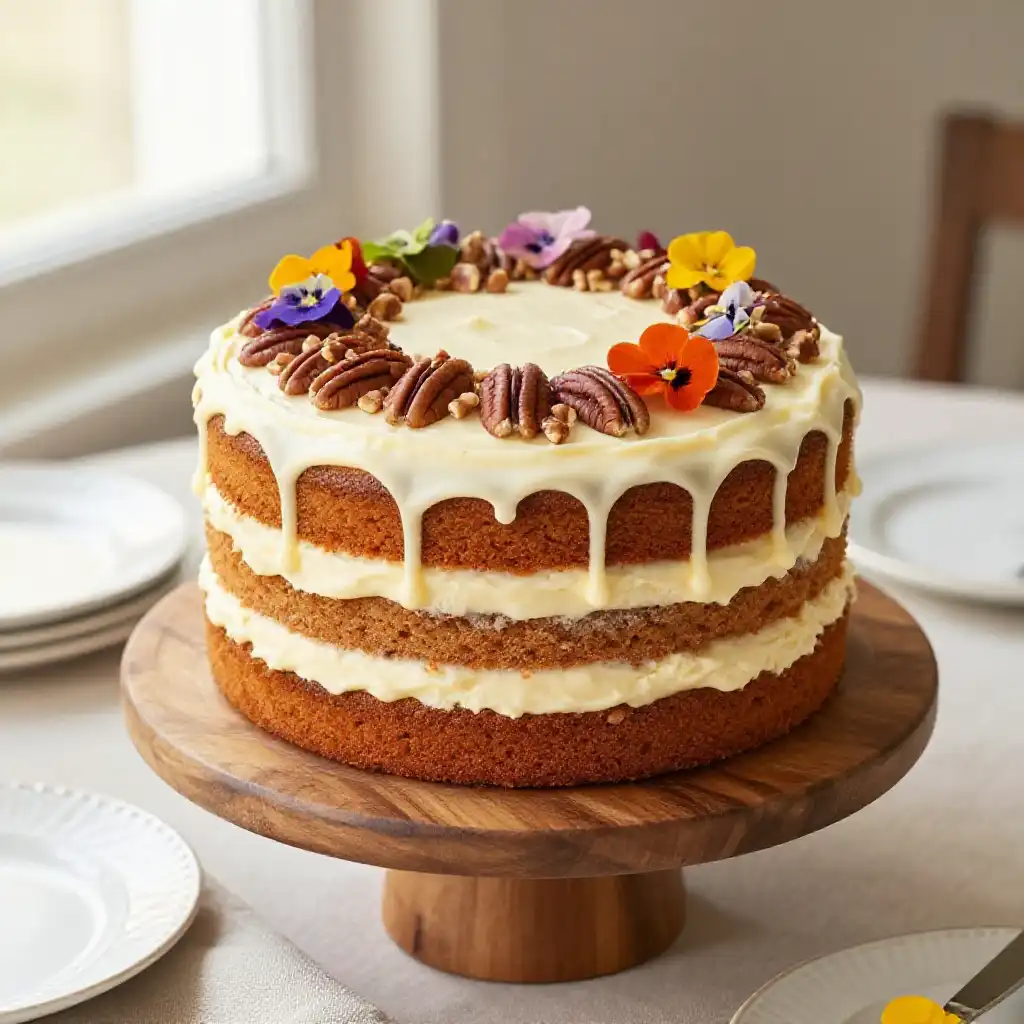 Naked Carrot Cake with Cream Cheese Frosting and Candied Pecans plated dish