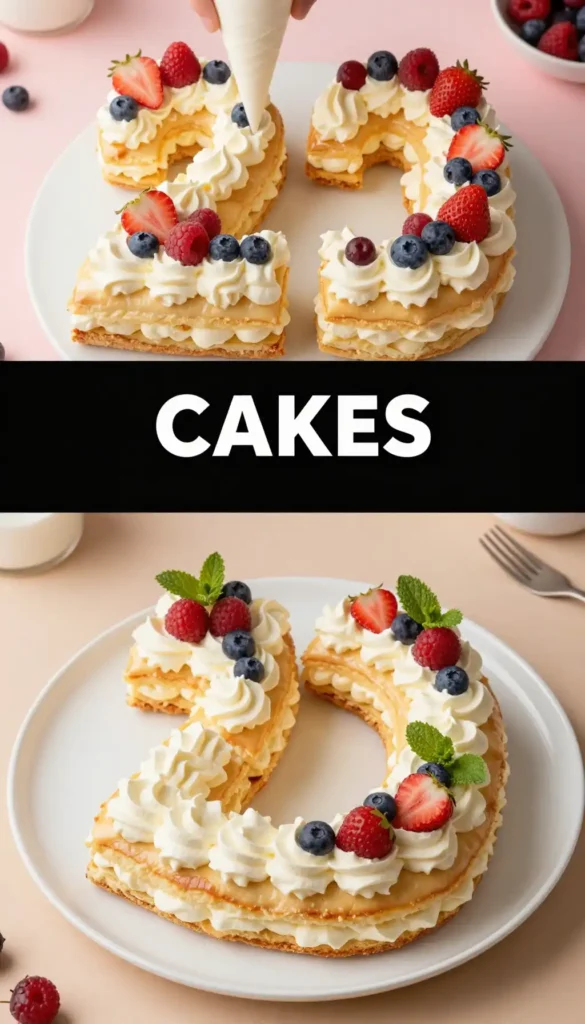 Number Cake with Fresh Berries and Pastry Cream Rosettes