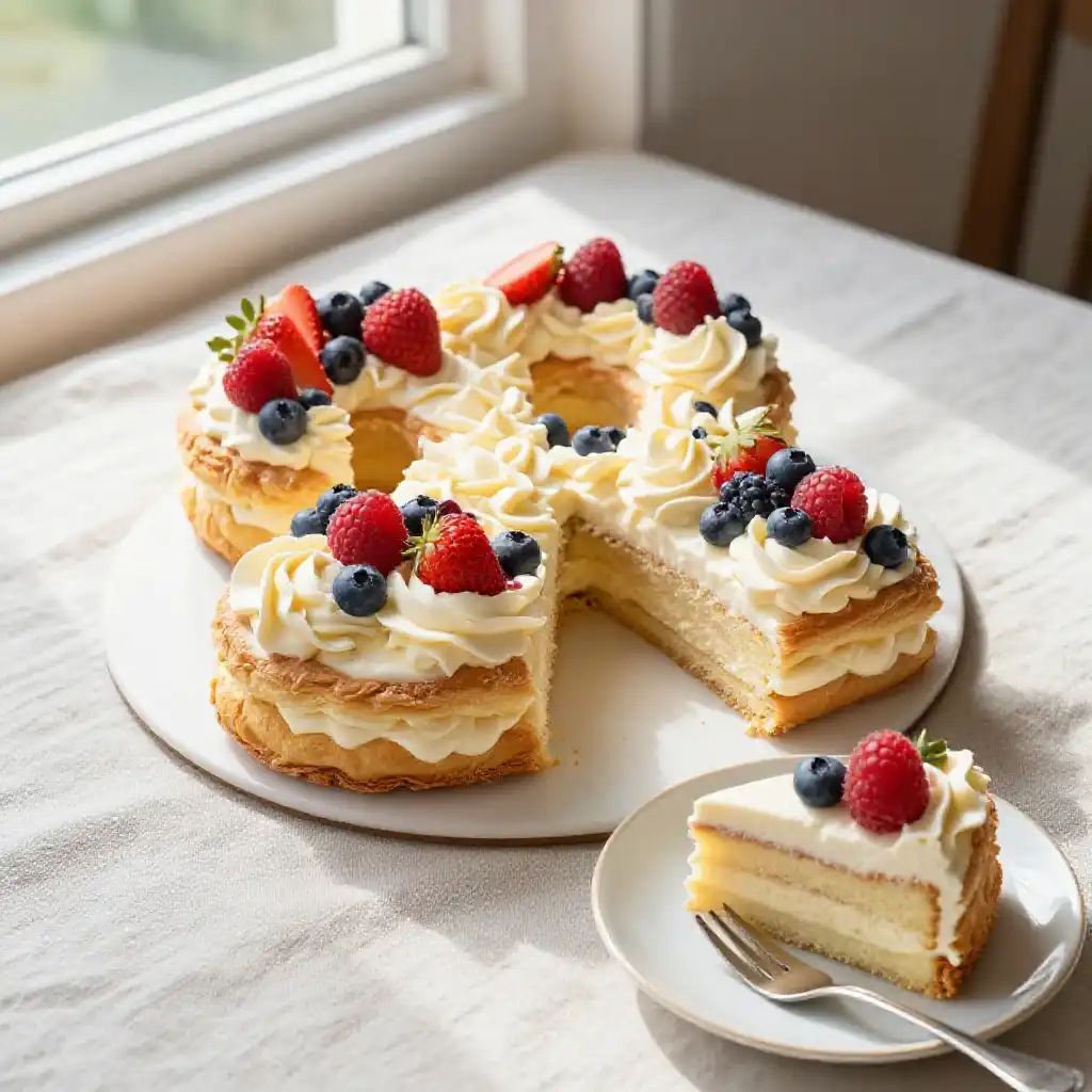 Number Cake with Fresh Berries and Pastry Cream Rosettes plated dish