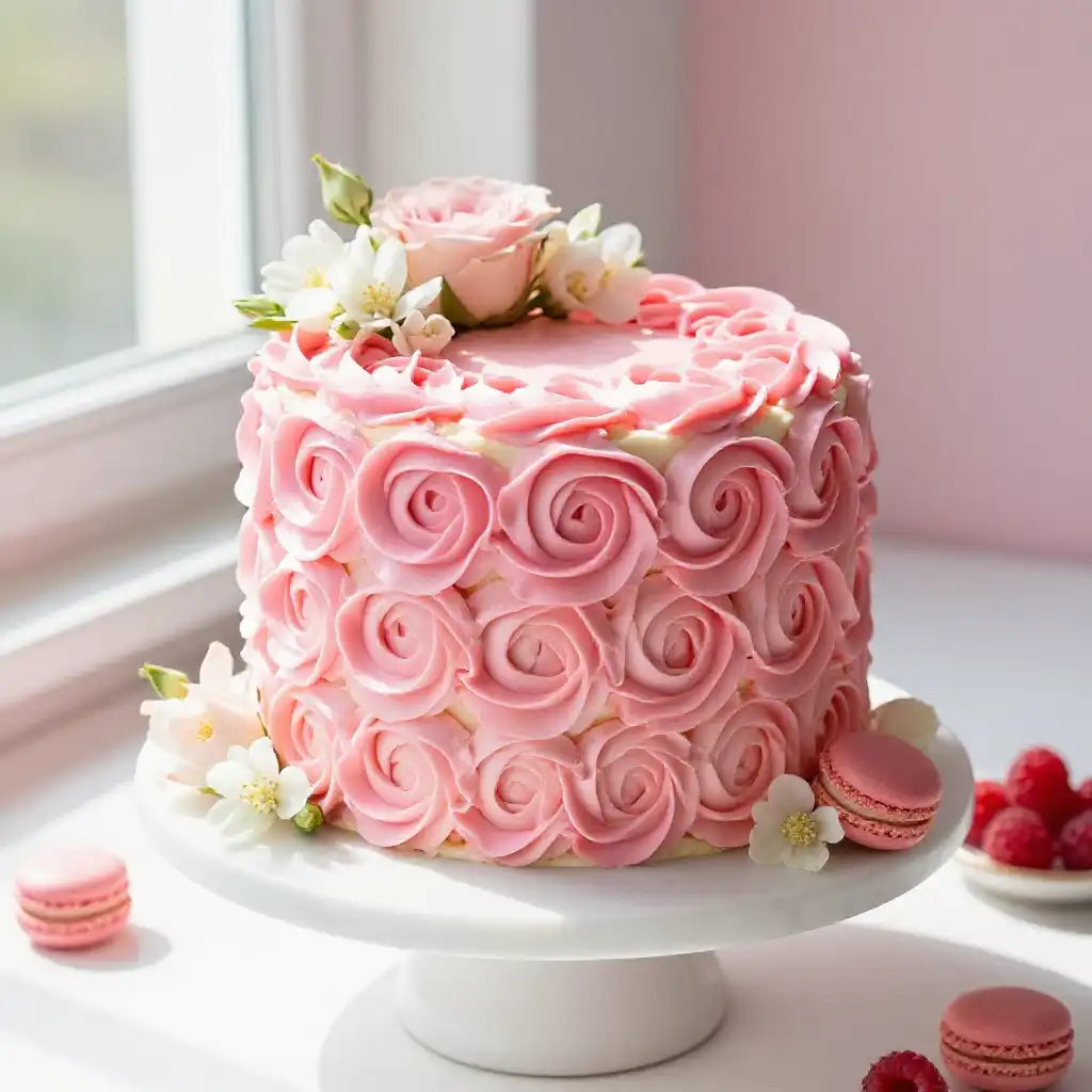 Ombre Rosette Cake with Gradating Pink Buttercream plated dish
