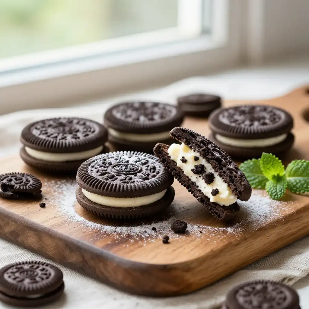 Oreo Stuffed Cookies with Cream Filling Center plated dish