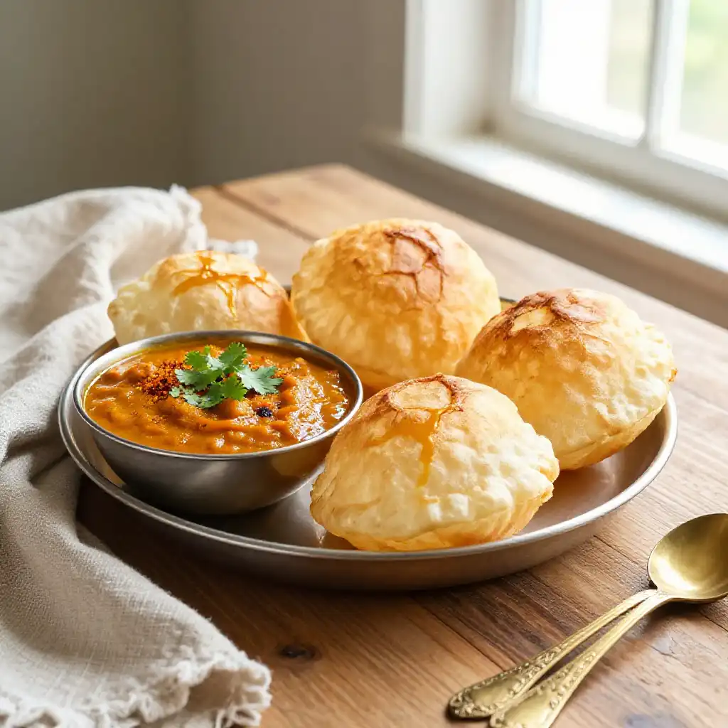 Pakistani Halwa Puri with Chana Masala plated dish