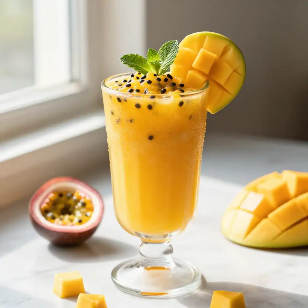 Tropical Passion Fruit Mango Smoothie plated dish