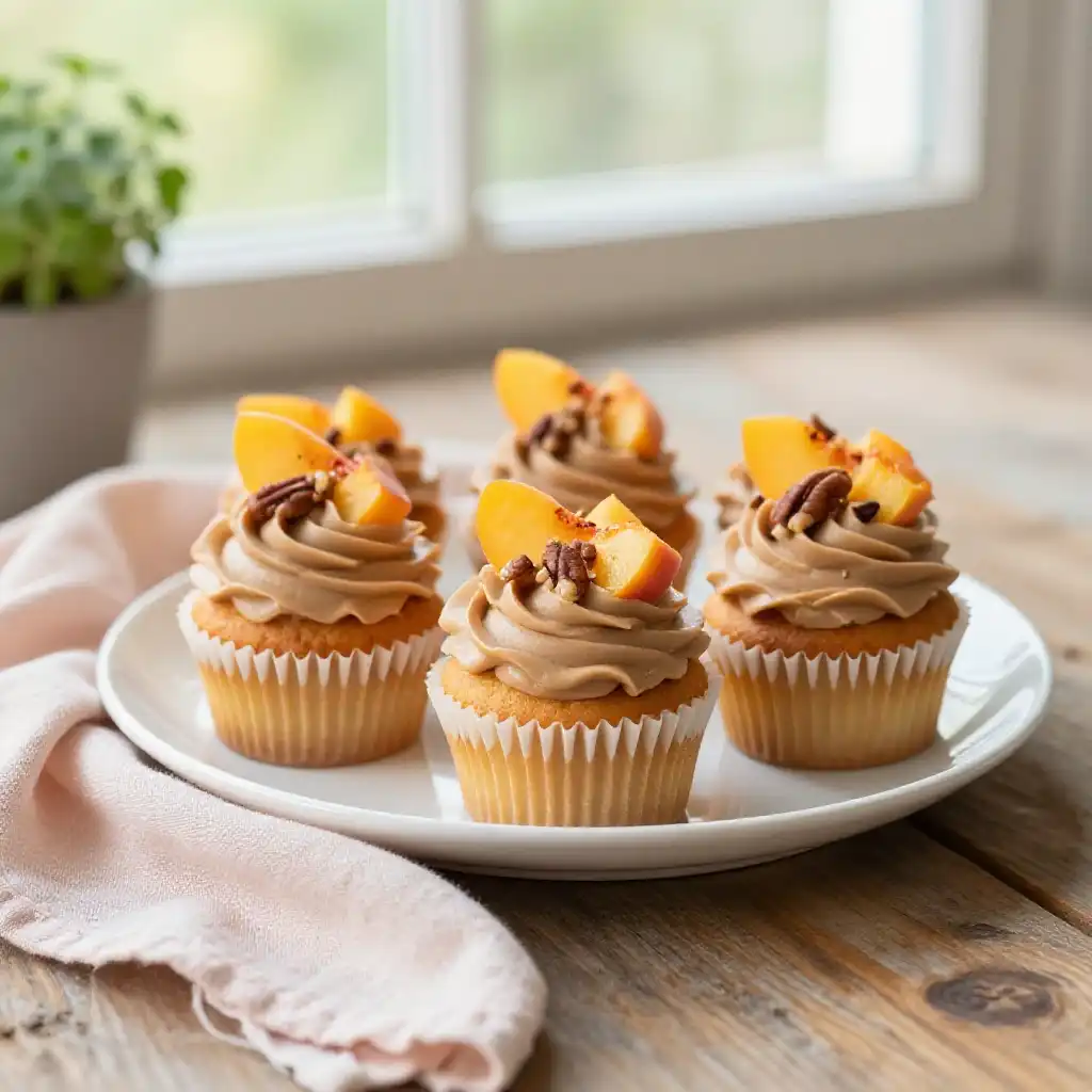 Peach Cupcakes with Brown Butter Frosting plated dish