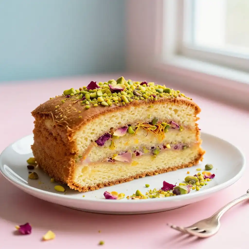 Persian Love Cake with Rose Water Pistachio and Saffron plated dish