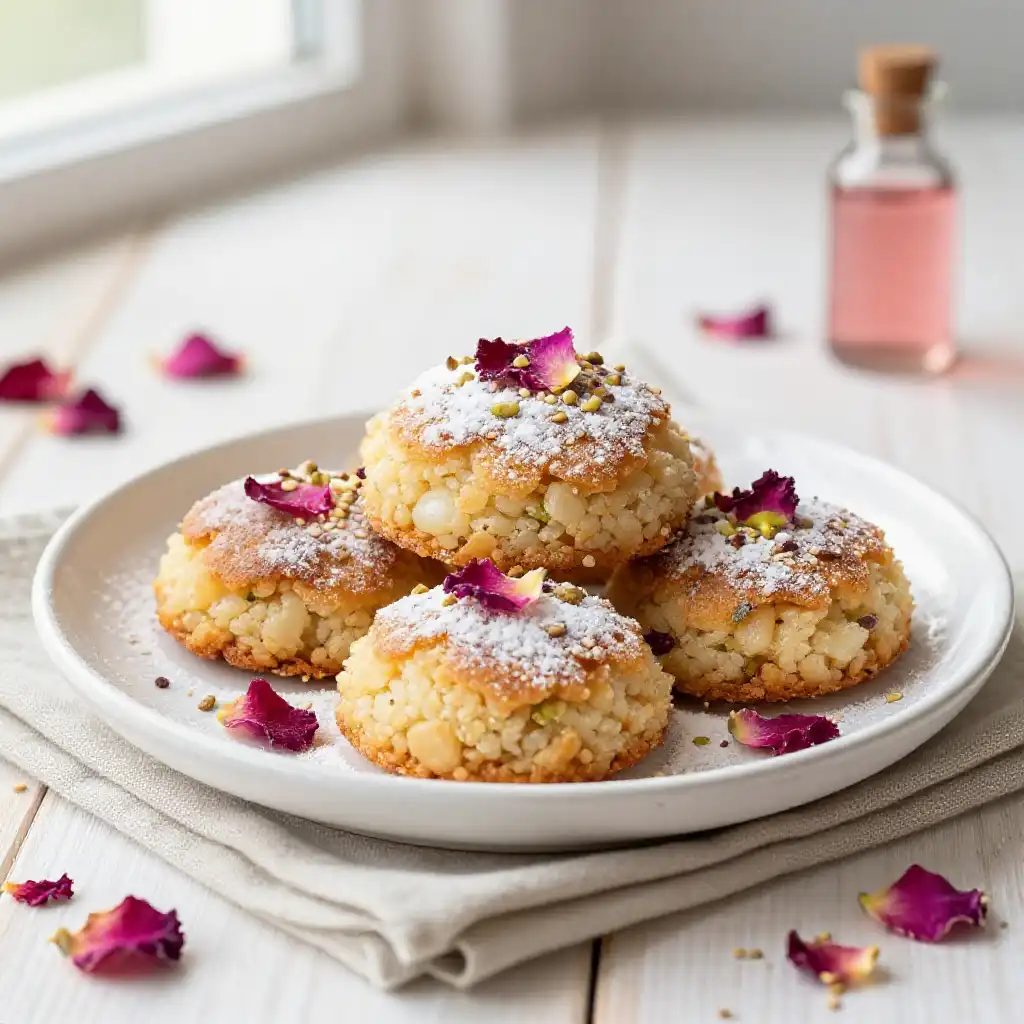 Persian Nan-e Berenji Rice Cookies with Rose Water plated dish