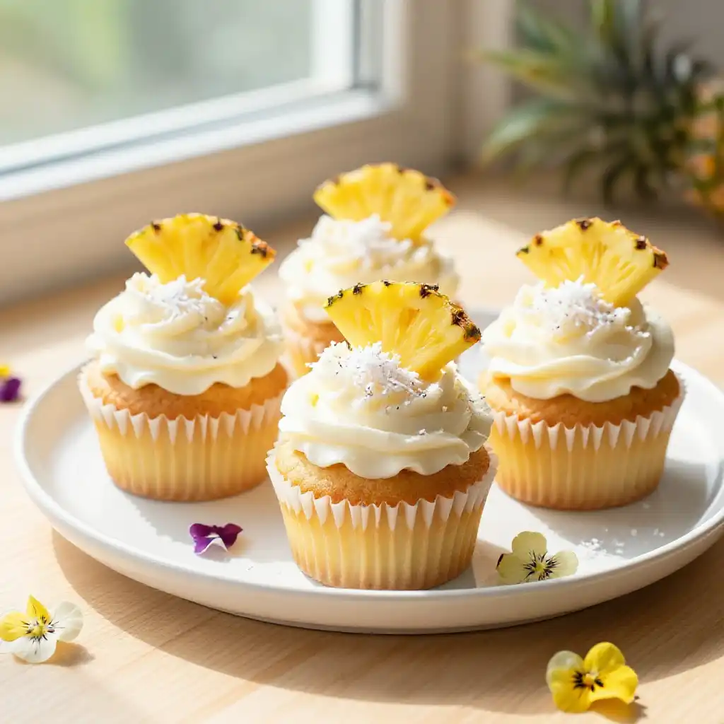 Pineapple Cupcakes with Coconut Cream Frosting plated dish