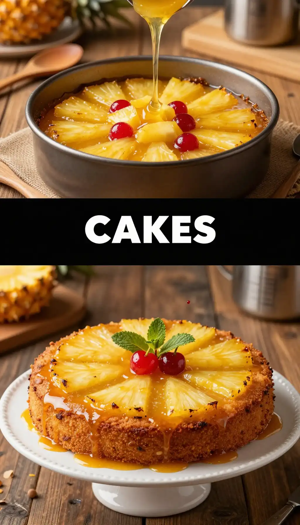 Pineapple Upside-Down Cake with Caramelized Fruit pinterest pin