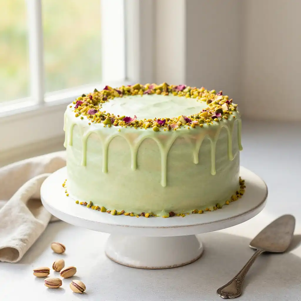 Pistachio Cream Drip Cake with Rose Water Buttercream and Crushed Pistachios plated dish