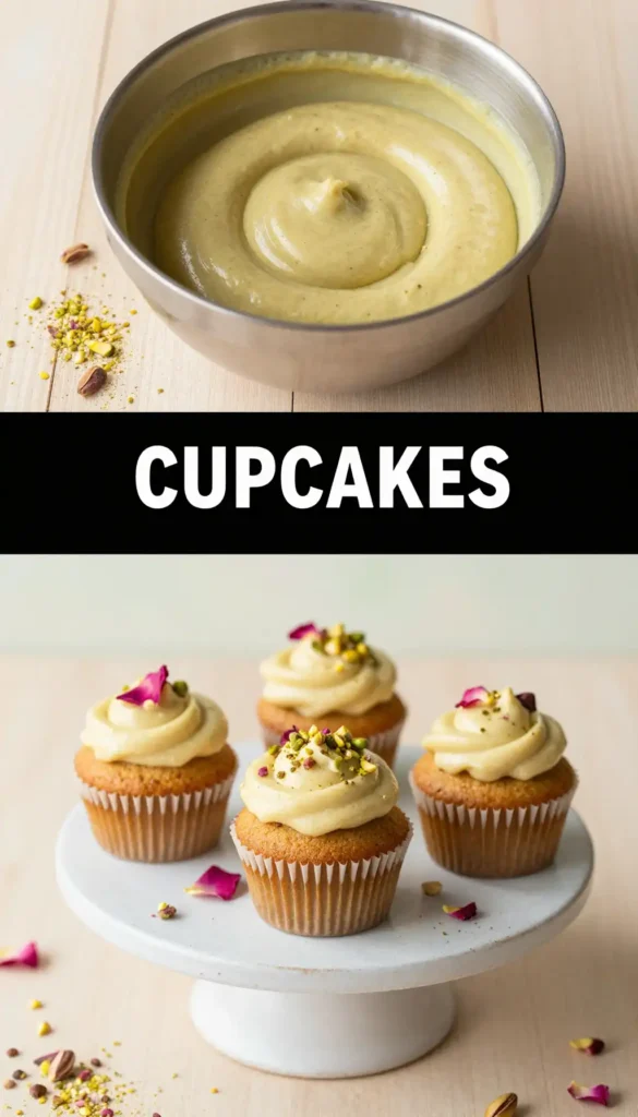 Pistachio Cream Filled Cupcakes with Rose Water Buttercream