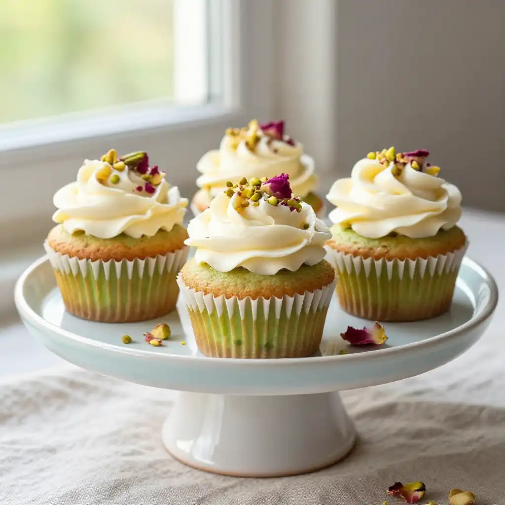 Pistachio Cream Filled Cupcakes with Rose Water Buttercream plated dish