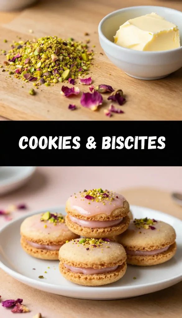 Pistachio Cream Sandwich Cookies with Rose Water Glaze