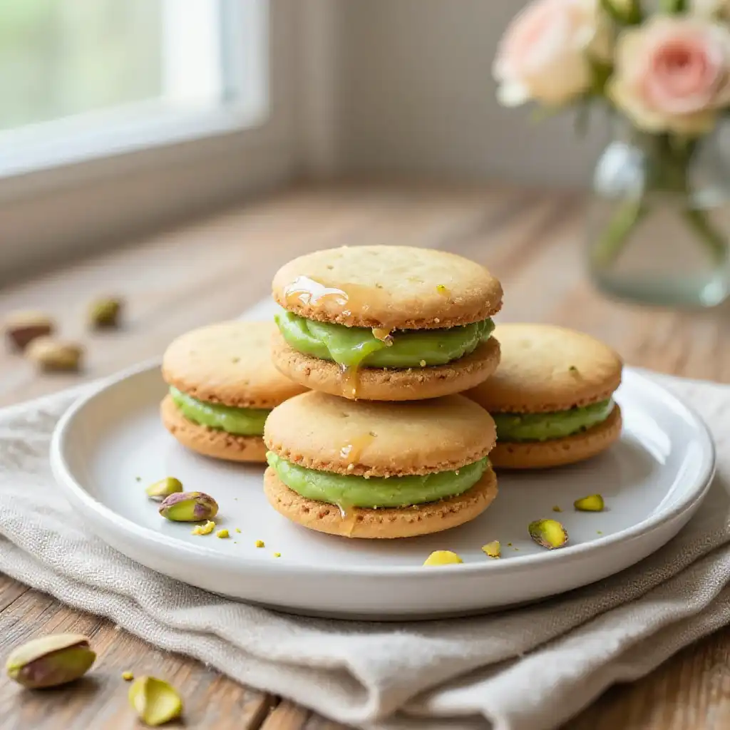 Pistachio Cream Sandwich Cookies with Rose Water Glaze plated dish