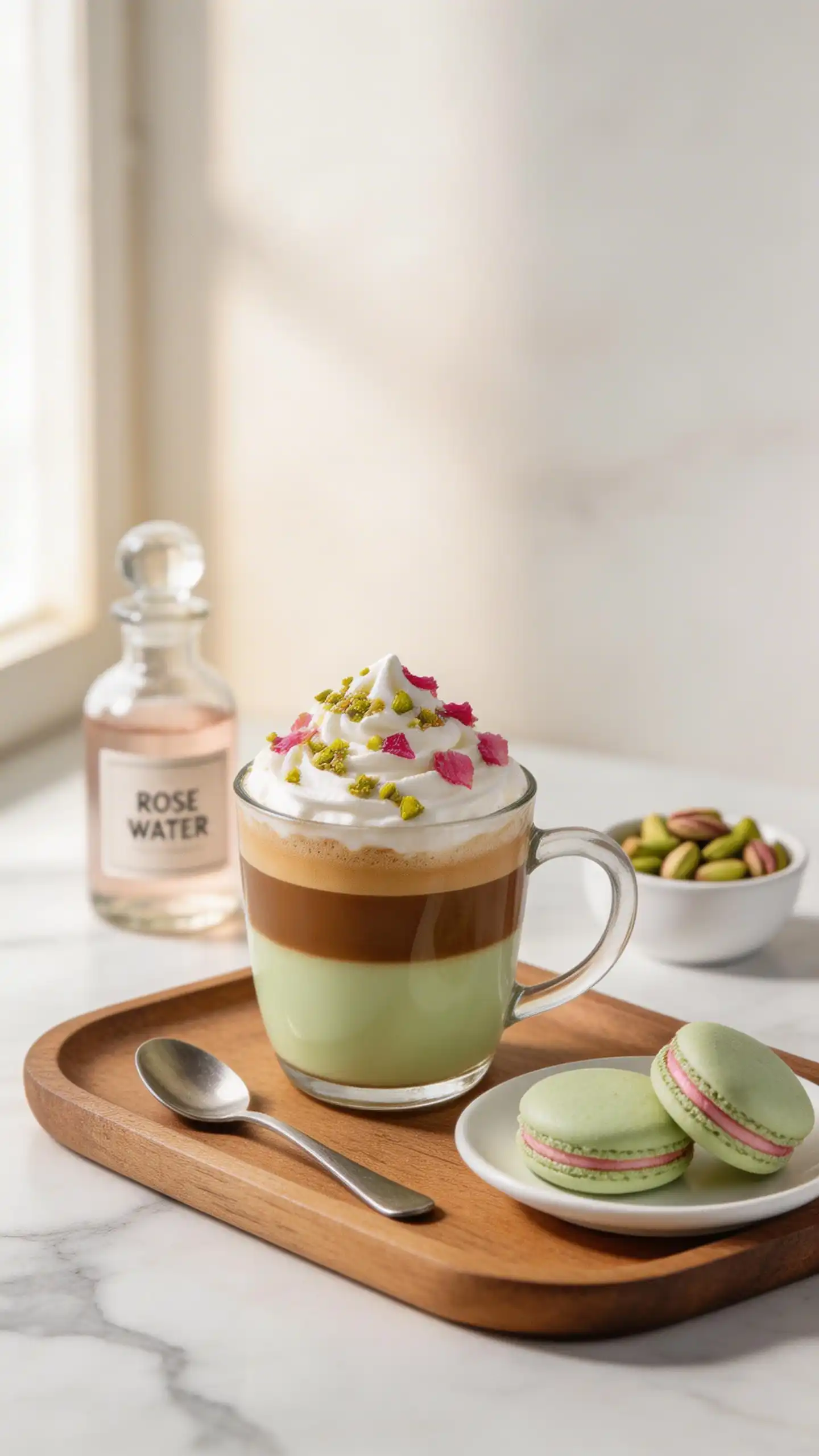 Pistachio Rose Latte plated dish