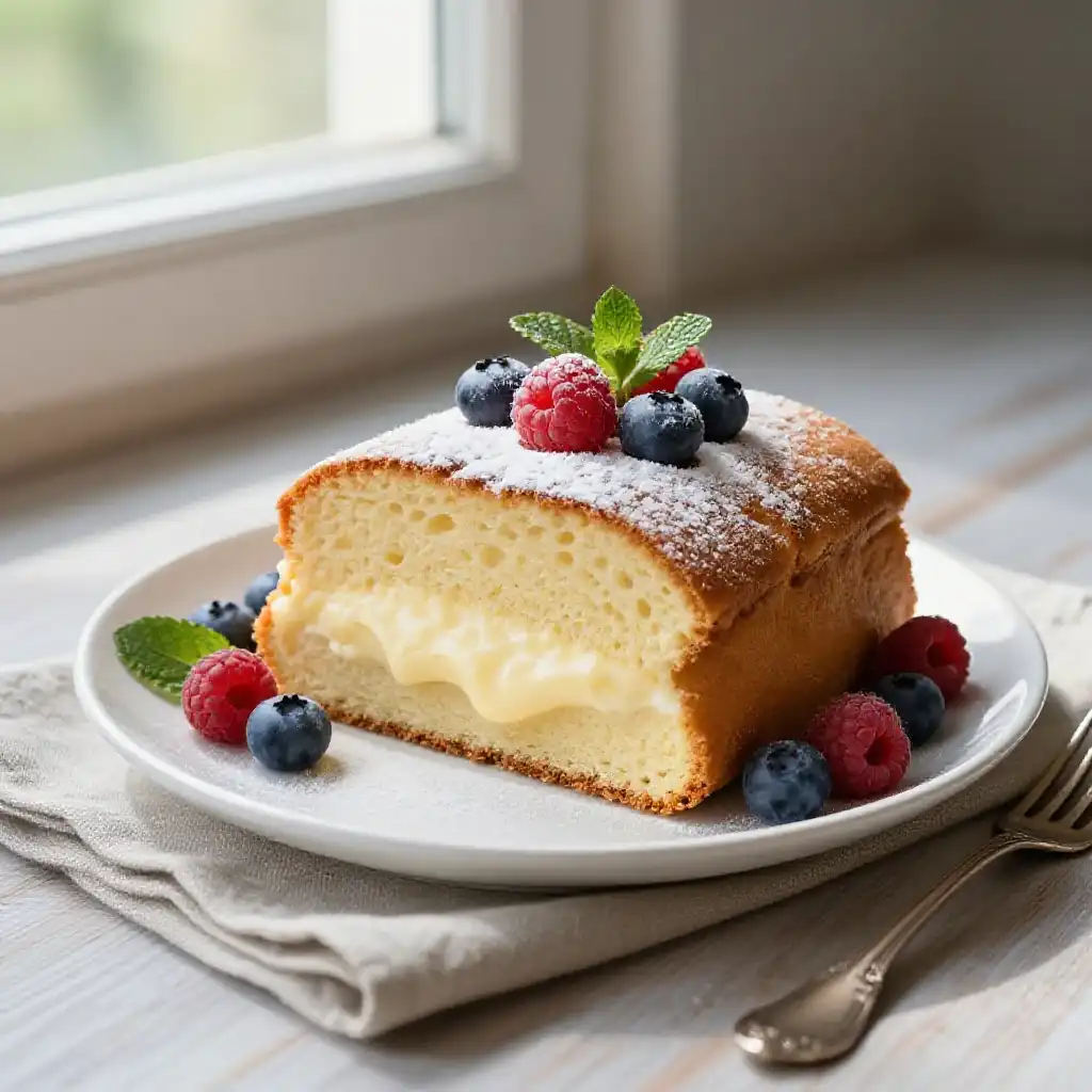 Portuguese Pão de Ló Sponge Cake with Cream Filling plated dish