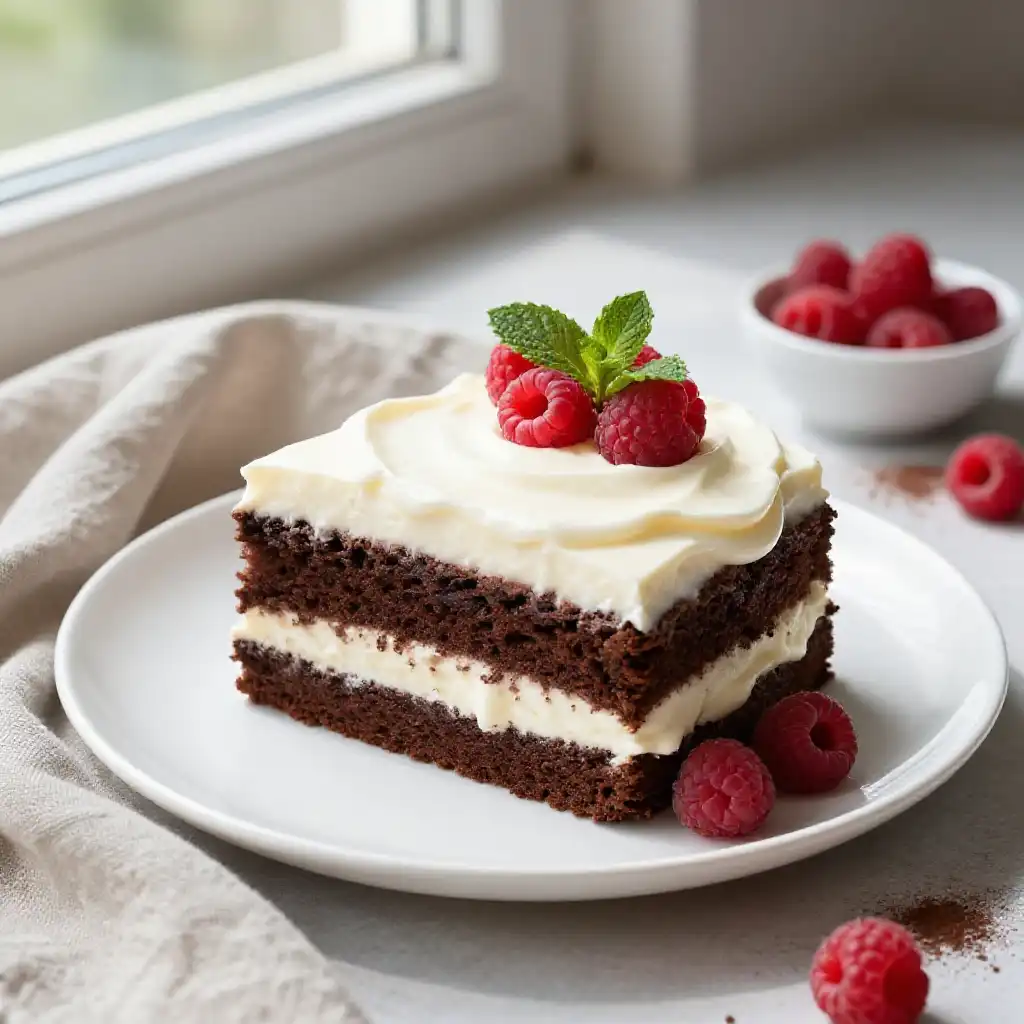 Protein Chocolate Cake with Greek Yogurt Frosting (High Protein) plated dish